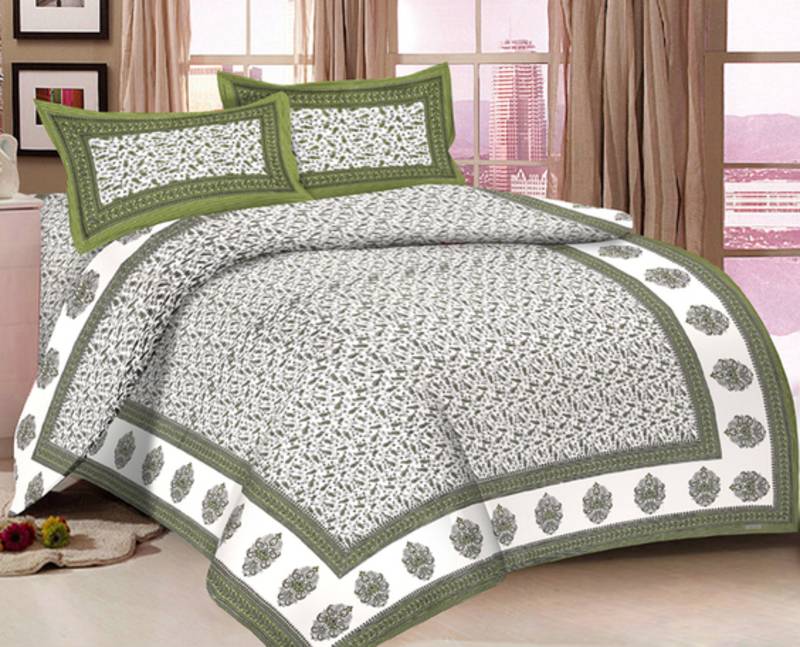 Buy Green Floral Textured Romantic Cotton Double Size Bed Sheet with 2