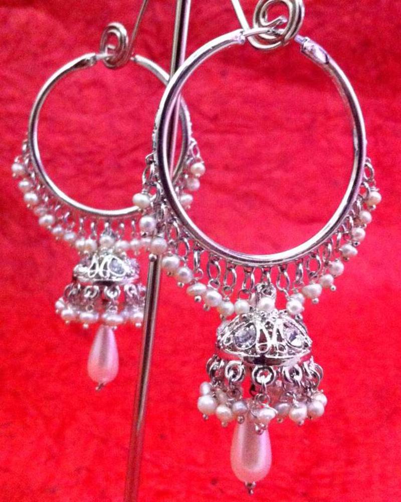 Buy Silver hoop bali earrings with pearls and small jhumki by adiva