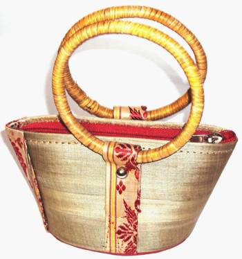 Muga Silk designer Ladies Handbag with cane handle with weaving | Buy