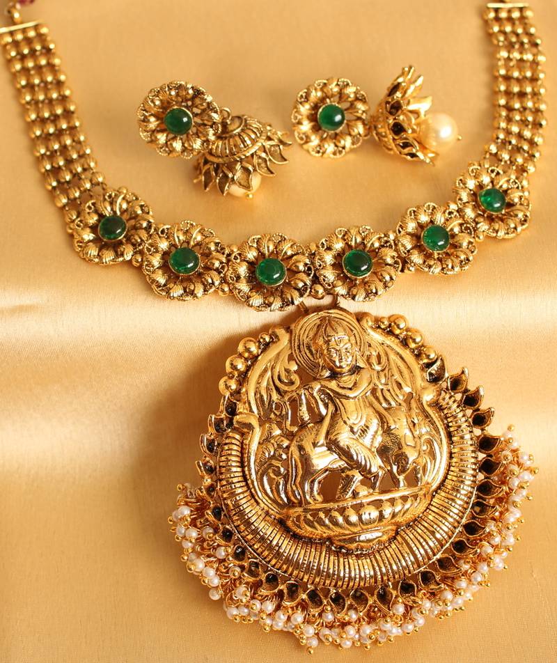 Buy DIVINE ANTIQUE GREEN HUGE KRISHNA PENDANT NECKLACE WITH EARRINGS