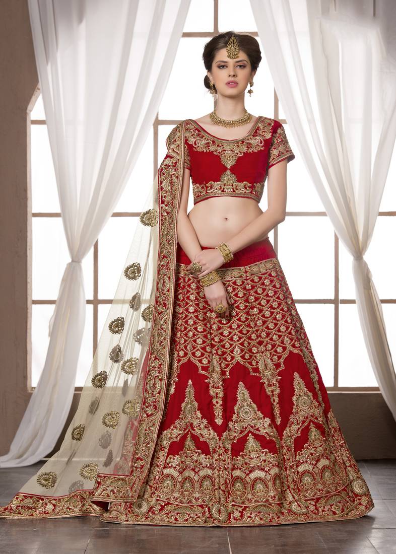Buy Maroon embroidered velvet bridal lehengas Online