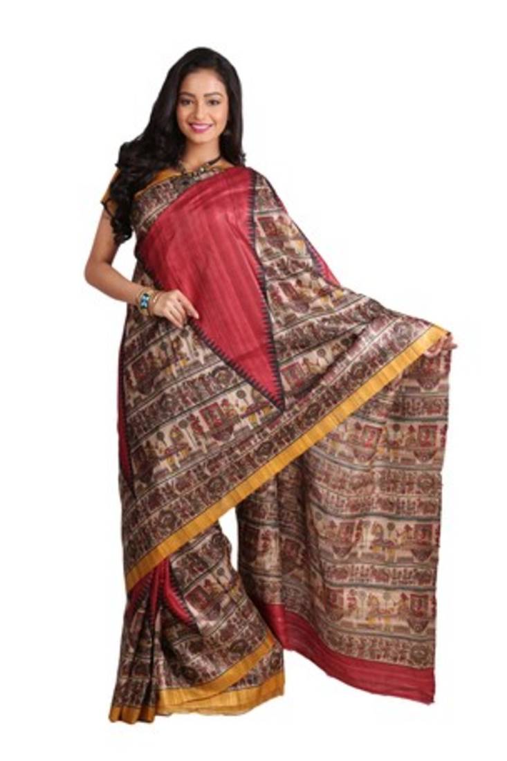 Buy Red Printed Raw Silk saree with blouse Online