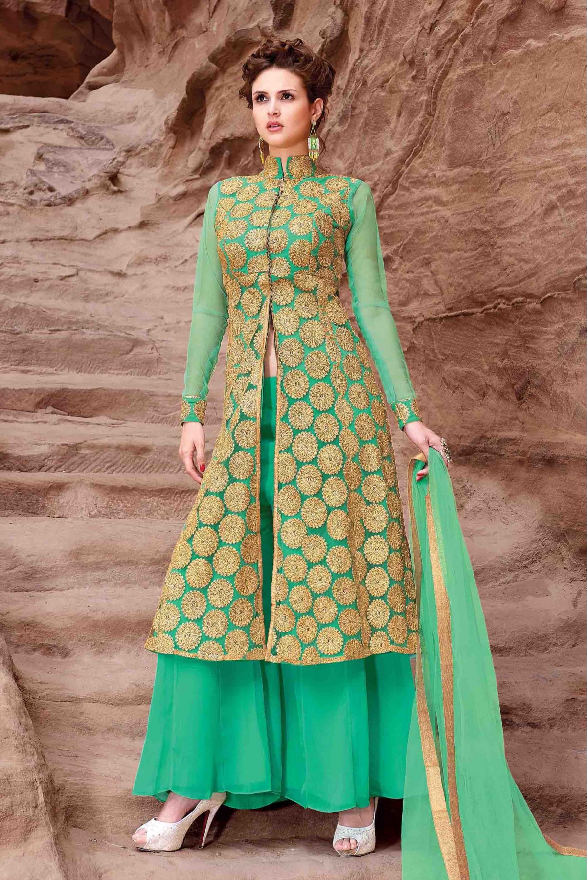 Green Georgette Embroidered Semi Sched Salwar With Tta Online