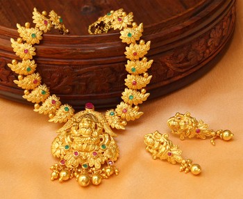 Designer High Gold One Gram Multi Colour Temple Necklace Set Designer High Gold One Gram Multi Colour Temple Necklace Set With Type Earrings