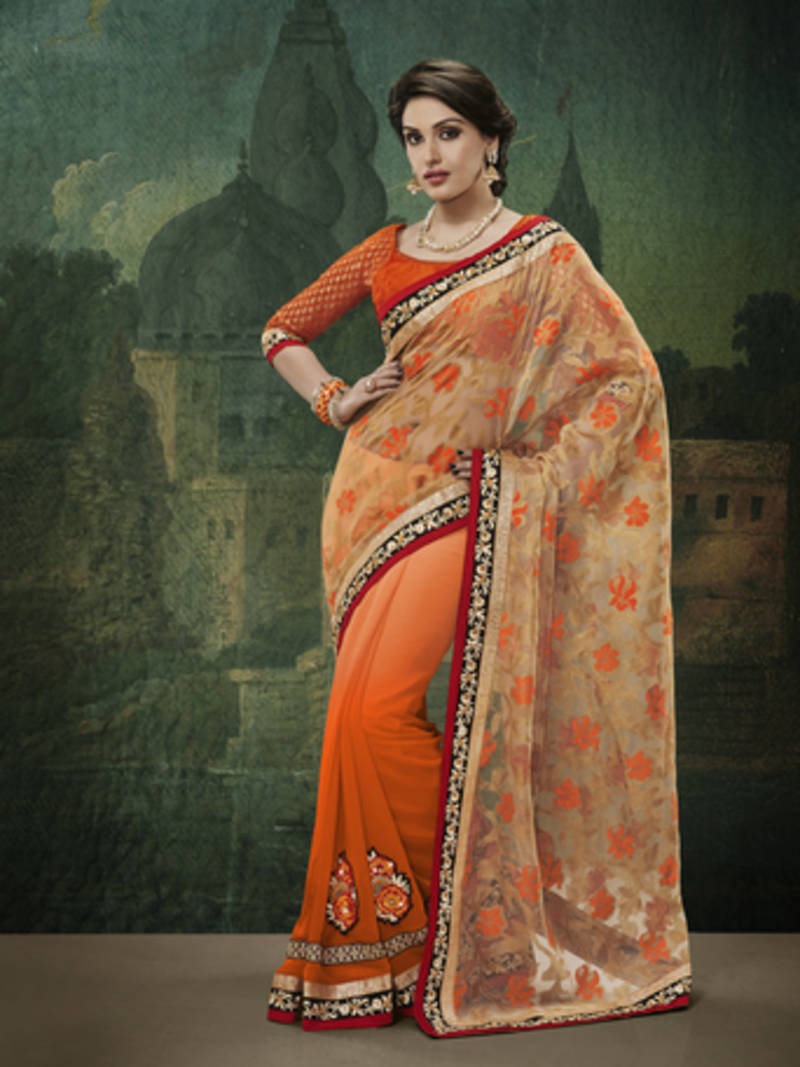 Buy Orange embroidered jacquard saree with blouse Online