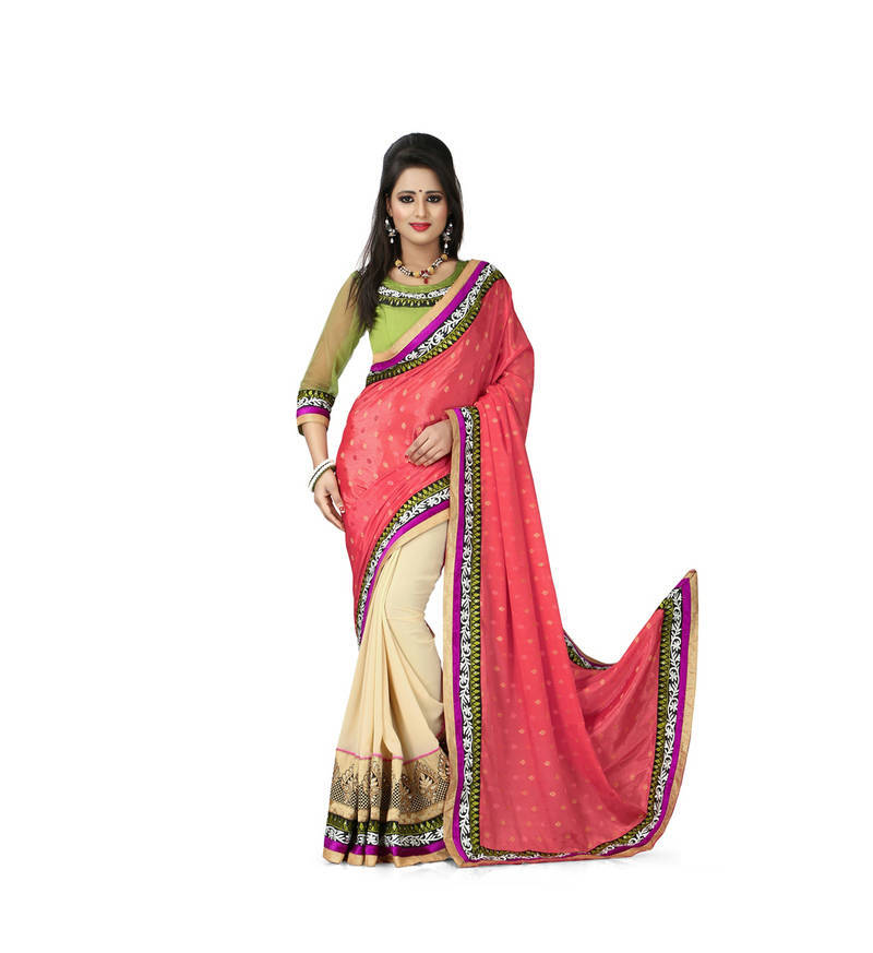 Buy pink embroidered jacquard saree Online